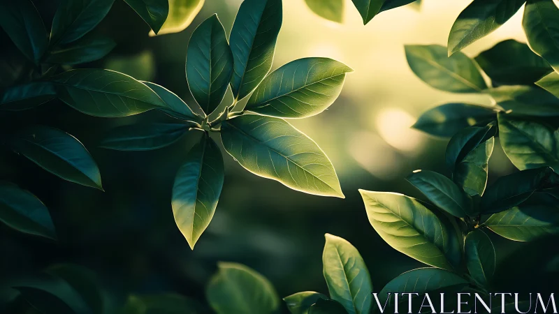Sunlit Green Leaves in Nature, Close-Up Botanical Photography.