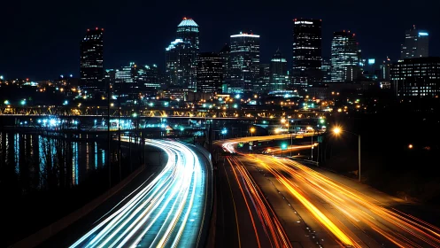 Long exposure captures urban freeway light trails at night