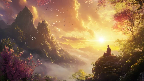 Monk watches glowing sunrise over misty mountain valley.