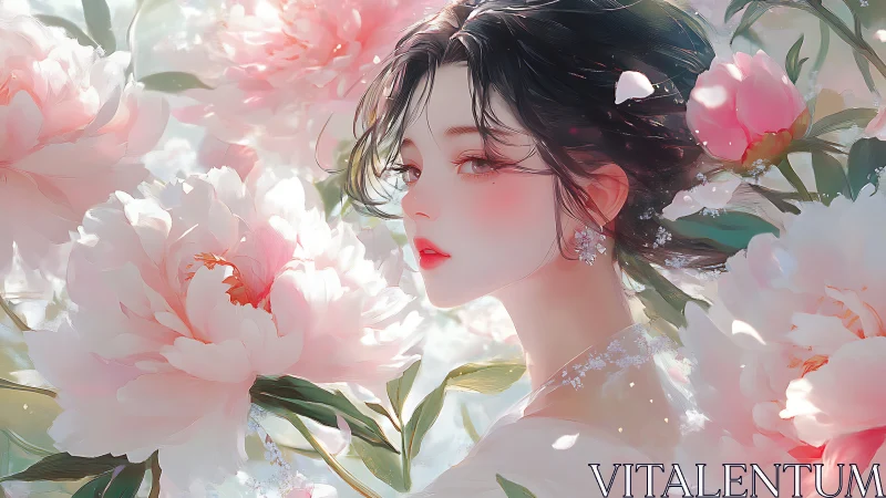 Soft petals surround a serene woman in gentle spring light