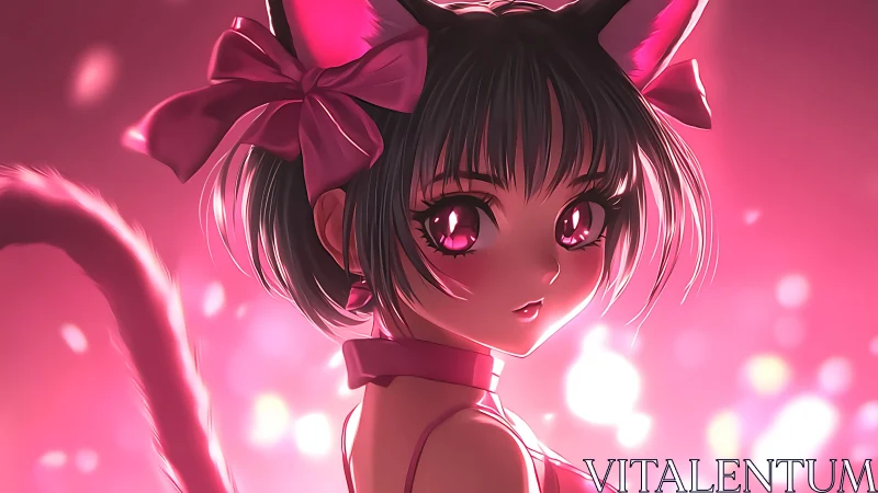 Pink-lit neko girl glows in dreamy bokeh haze.