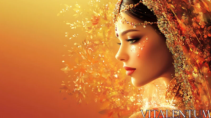 Profile portrait of jeweled woman in warm gradient field