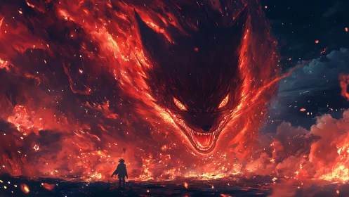 Infernal fox titan lunging from a storm of living fire.