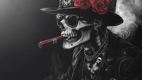 Skull rocker portrait with roses, cigar, monochrome contrast.