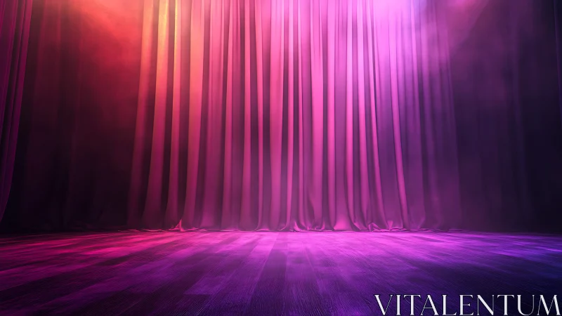 Closed pink stage curtain under dramatic spotlights.