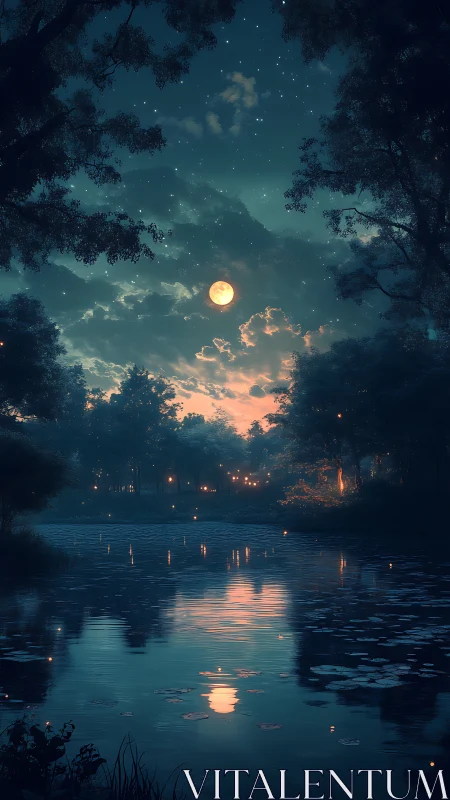 Lunar-lit forest reservoir with specular nocturnal reflections.