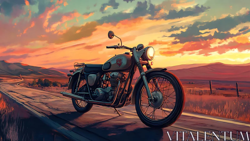 Vintage motorcycle on rural road under sunset sky.