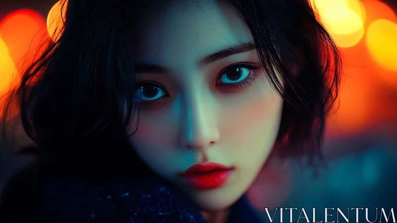 Neonlit close-up portrait with cinematic bokeh and teal orange.