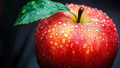Macro analysis of dew-laden red apple surface topology.