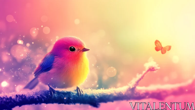 Vibrant Fantasy Bird and Butterfly on Glowing Branch, Dreamy Art.