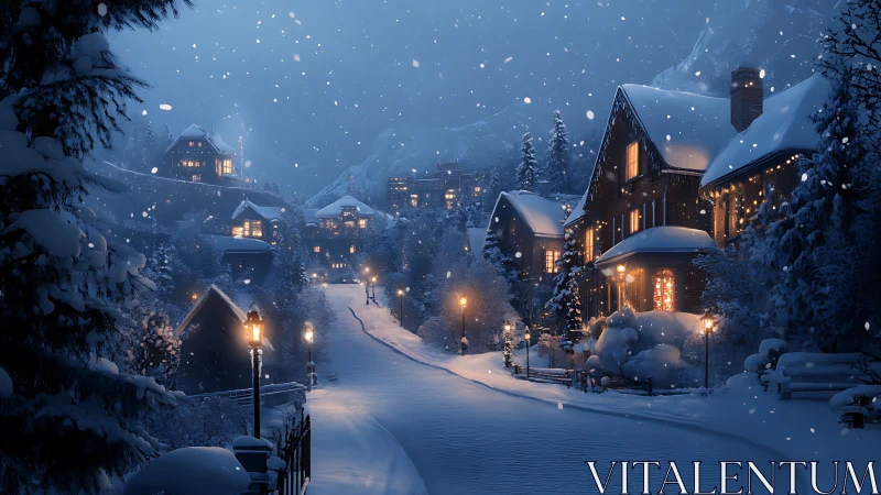Snowlit village street dreams under winter lantern glow.