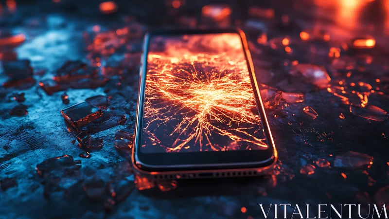 Shattered smartphone glowing like a tiny city on fire.