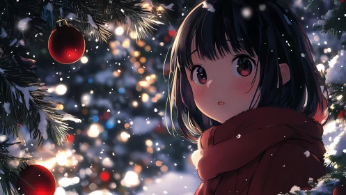 Anime winter portrait of girl by snowy Christmas tree lights