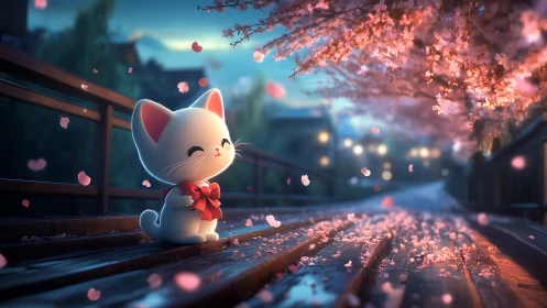 White cartoon cat on bridge under pink cherry blossoms at dusk.