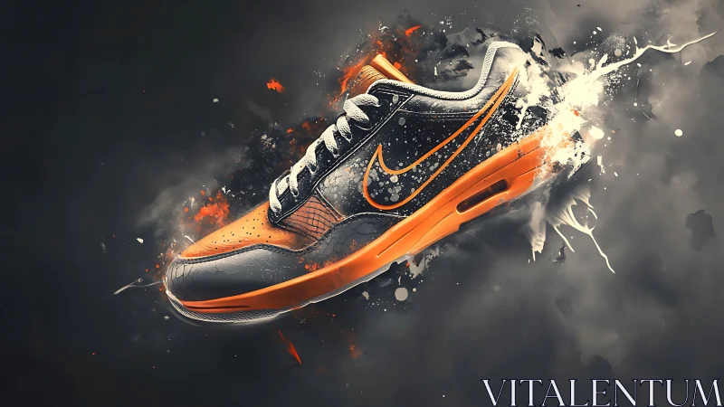 Explosive motion study of orange-black sneaker with dynamic particle dispersion