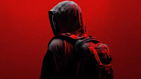 Hooded backpack figure in intense red dramatic lighting.