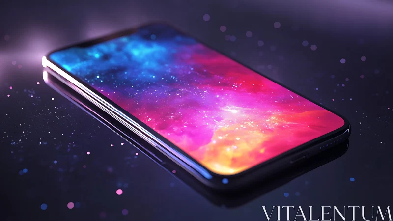 Smartphone on reflective surface with nebula display image.