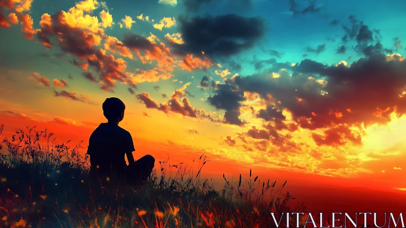 Silhouette of seated figure observes layered sunset sky