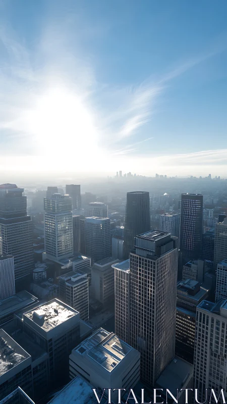 High-rise office district under strong low morning sun.