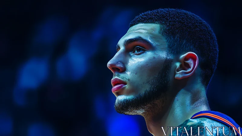 Photorealistic courtside portrait in saturated arena lighting.