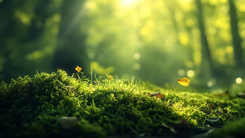Sunlit Moss and Fallen Leaves in a Lush Forest, Nature Photography.