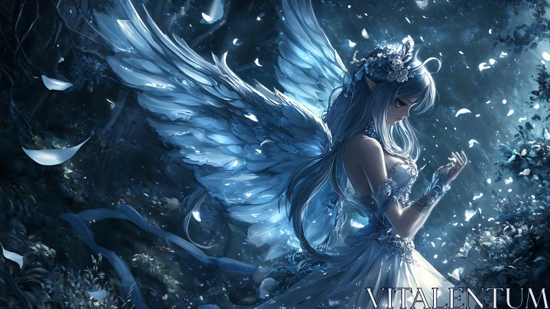 Moonlit winged elf pauses as silver petals drift slowly