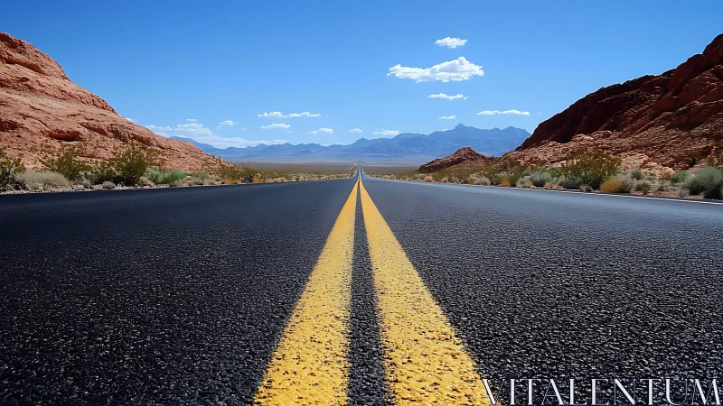 Endless desert highway in low-angle perspective under clear sky.