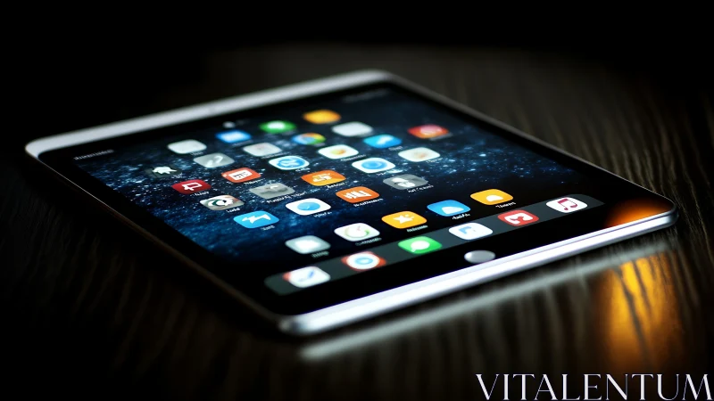 Sleek tablet screen glows softly with colorful app icons