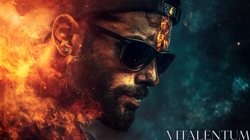 Man in sunglasses rendered with fiery and smoky visual effects
