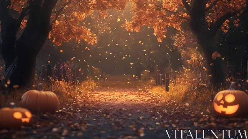 Photorealistic autumn lane with jack-o-lantern path lighting.