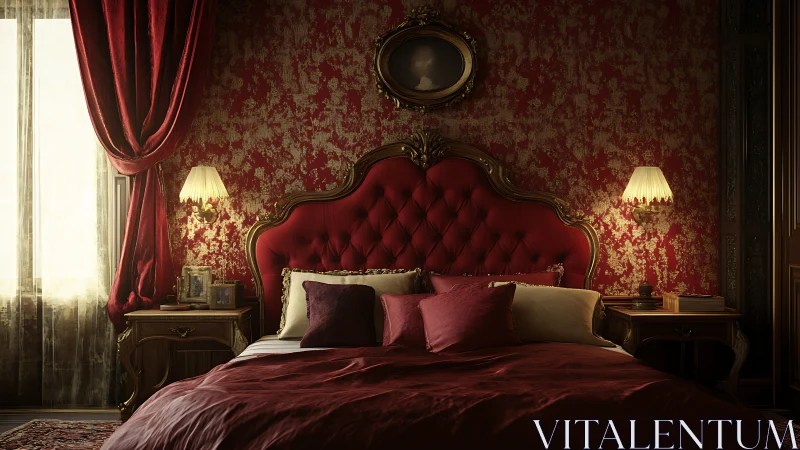 Photorealistic baroque bedroom with red tufted headboard.