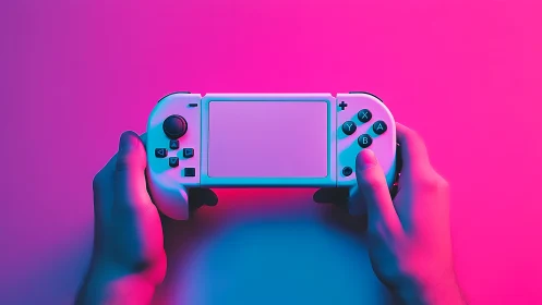 Hands Holding Gaming Device in Neon Lighting.