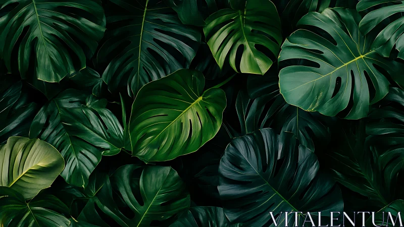 Emerald jungle canopy of lush monstera leaves in quiet glow.