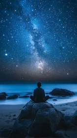 Person sits on coastal rock under dense starry night sky.