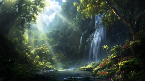 Luminous Waterfall Through Verdant Canyon.
