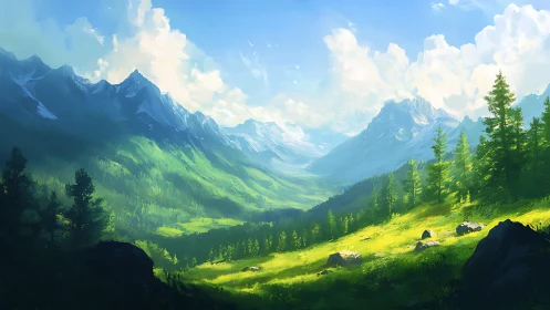 Sunlit alpine valley with pine forest and distant peaks.