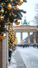 Photorealistic winter street with festive bokeh foregrounded tree.