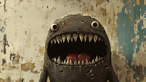 Grim cartoon monster roars against a peeling wall backdrop.