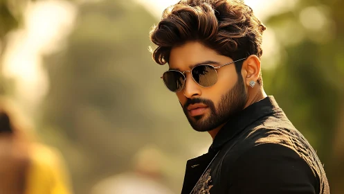 Sunlit stylish portrait of bearded man in reflective shades.