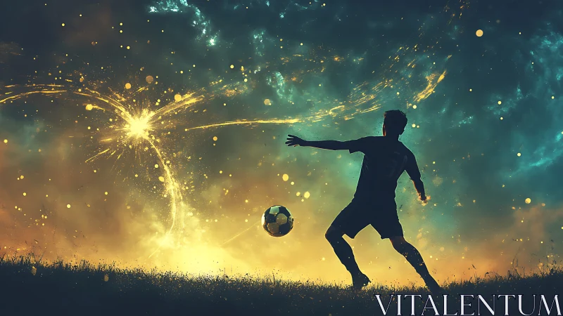 Stellar trajectory analysis of silhouetted footballer in nebular field.