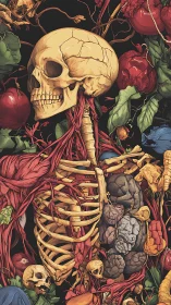 Botanical bones and crimson veins in lush decay bloom.