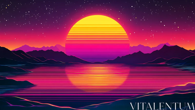 Neon striped sun over mirrored synthwave mountainscape.