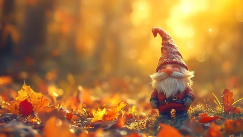 Autumn dusk gnome basking in golden leaflit wonderland.