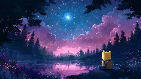 Stargazing cat explorer beside reflective forest lake.