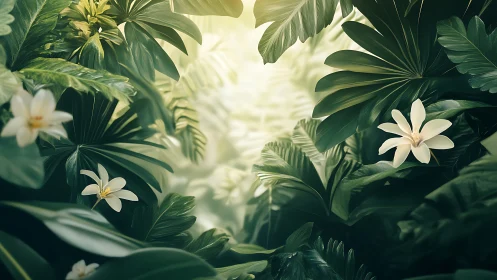 Tropical foliage envelops white flowers under diffused light