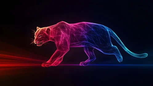 Neon wireframe panther in motion, digital art on dark background.