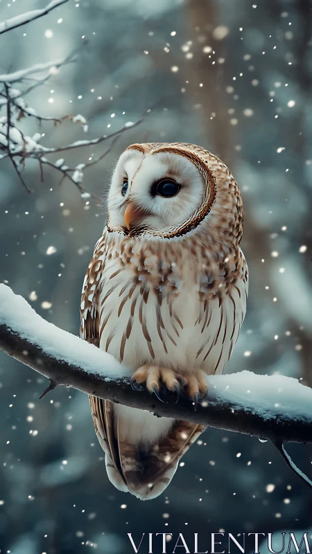 Snowy owl poised on branch amid softly falling flakes.