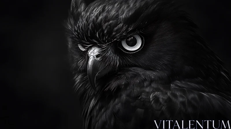 Intense Black Owl Portrait in Dramatic Monochrome Photography.
