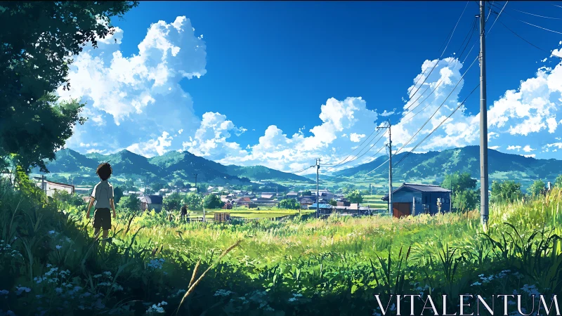 Rural summer panorama with boy, power lines, and cumulus sky.