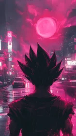 Neon-lit warrior silhouette under crimson cyberpunk moon.